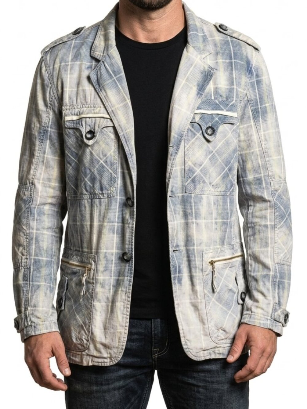 Zeus men’s retro vintage style military tie-dye plaid graphic jacket size XL